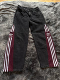 🖤 Custom Dark Grey Jeans with Burgundy Bell Bottoms and Three Stripes – One of a Kind – Size S/M