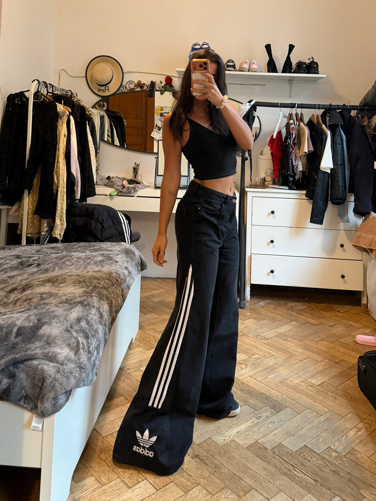 🖤 Custom Black Baggy Jeans with Three Stripes – One of a Kind – Size M
