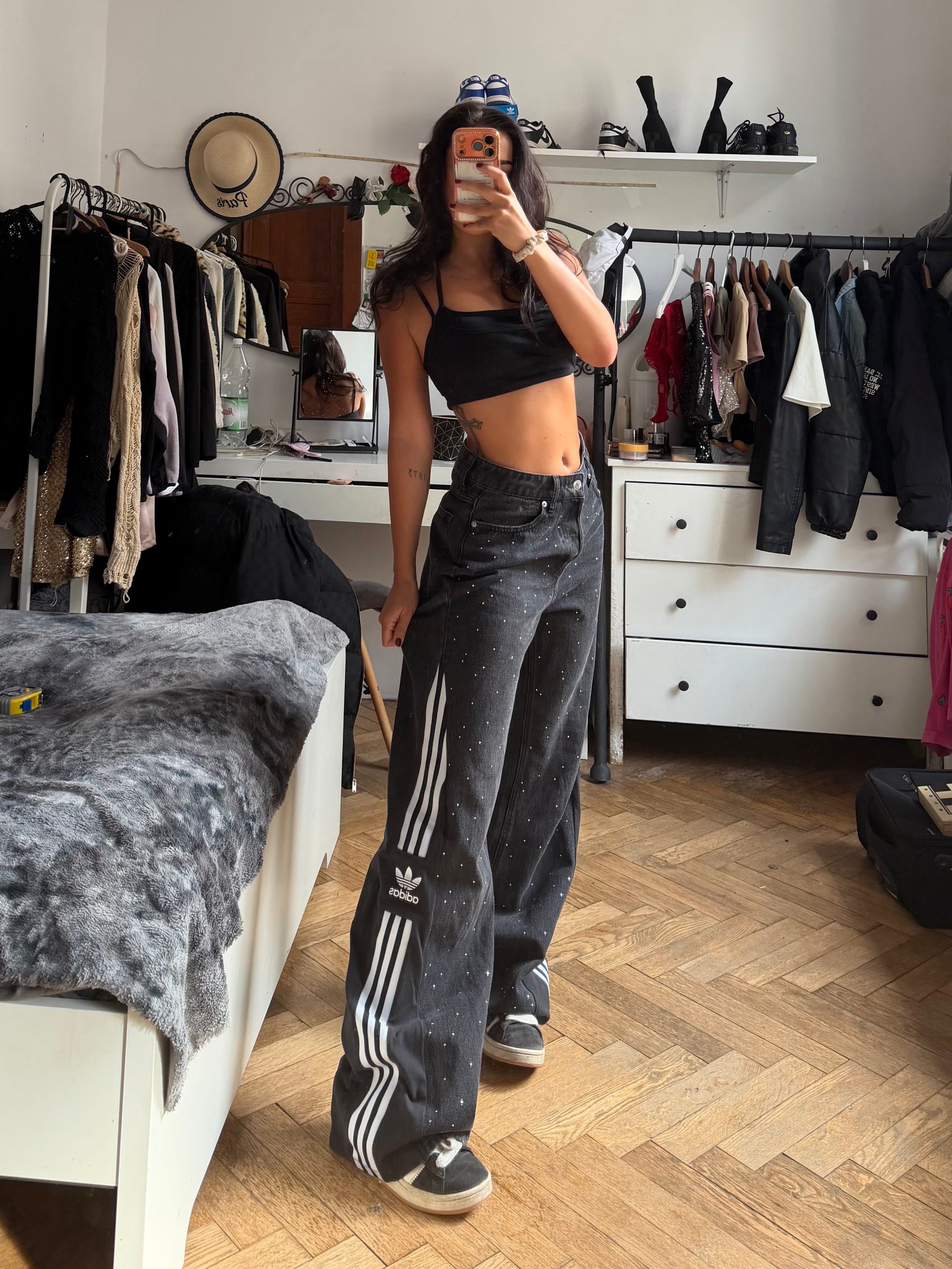 Custom Black & Grey Jeans with Diamond Details and Three Stripes – One of a Kind – Size M