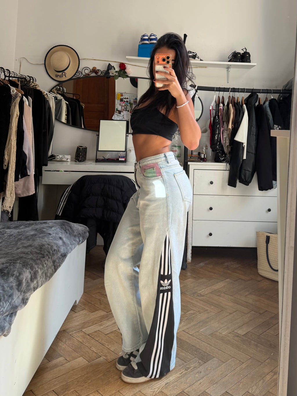 Custom Jeans with Three Stripes & Pink Pocket – One of a Kind – Size S