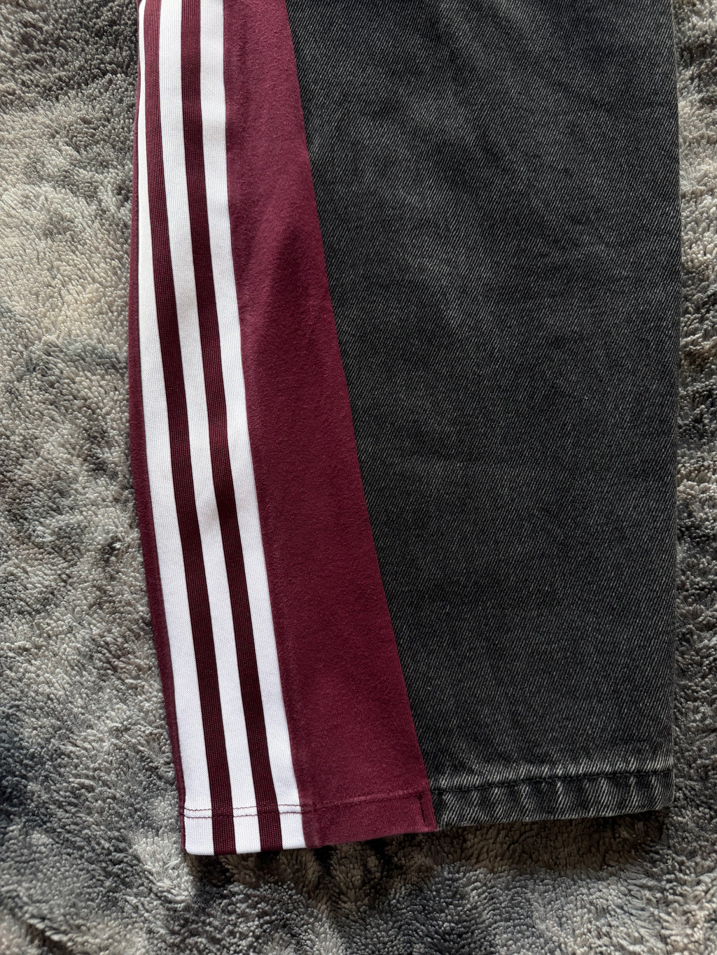 🖤 Custom Dark Grey Jeans with Burgundy Bell Bottoms and Three Stripes – One of a Kind – Size S/M