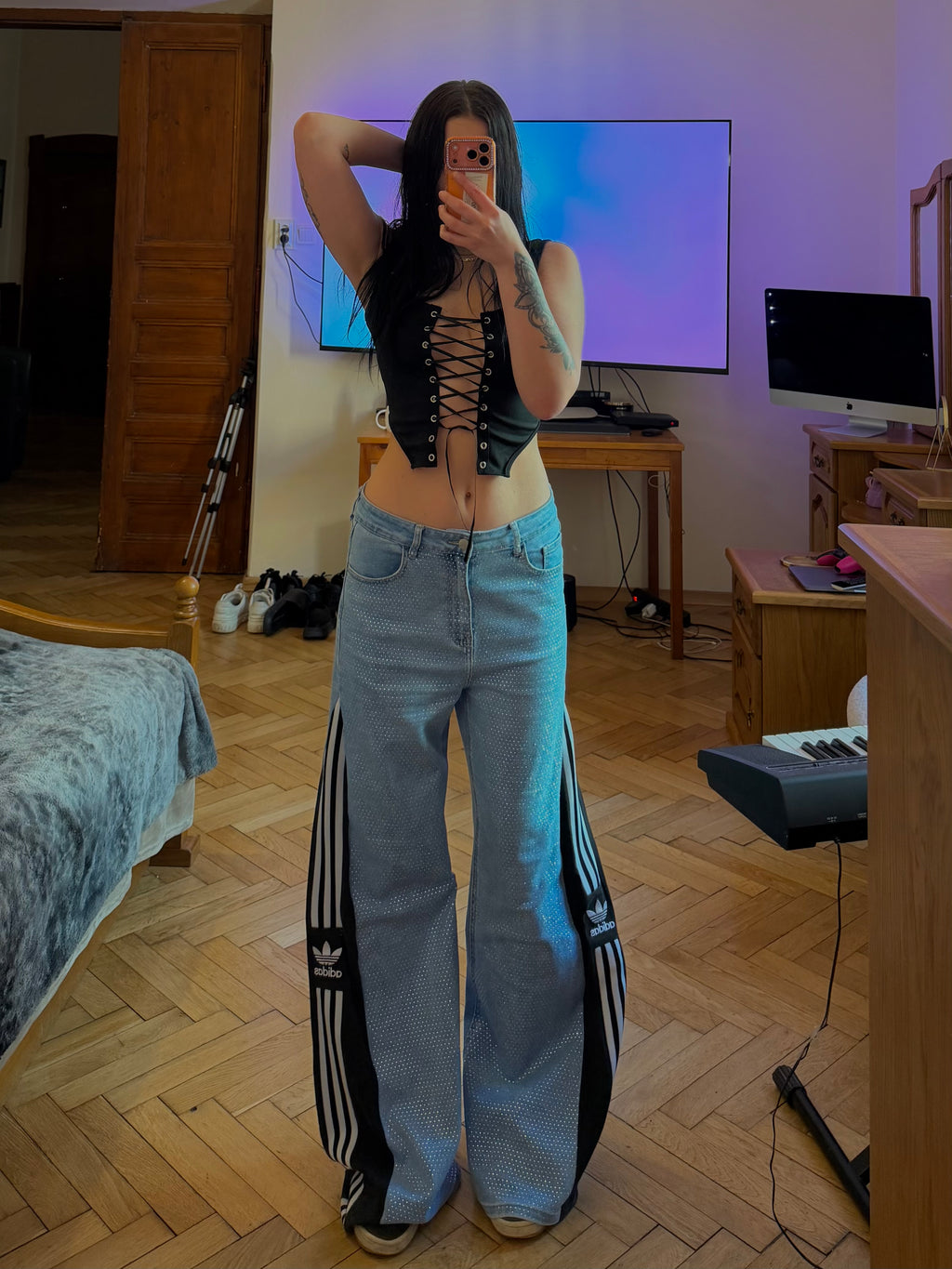 Diamond Denim Baggy Jeans – Three Stripes | Size L 💎