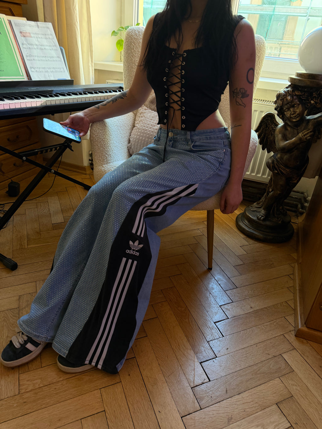 Diamond Denim Baggy Jeans – Three Stripes | Size L 💎