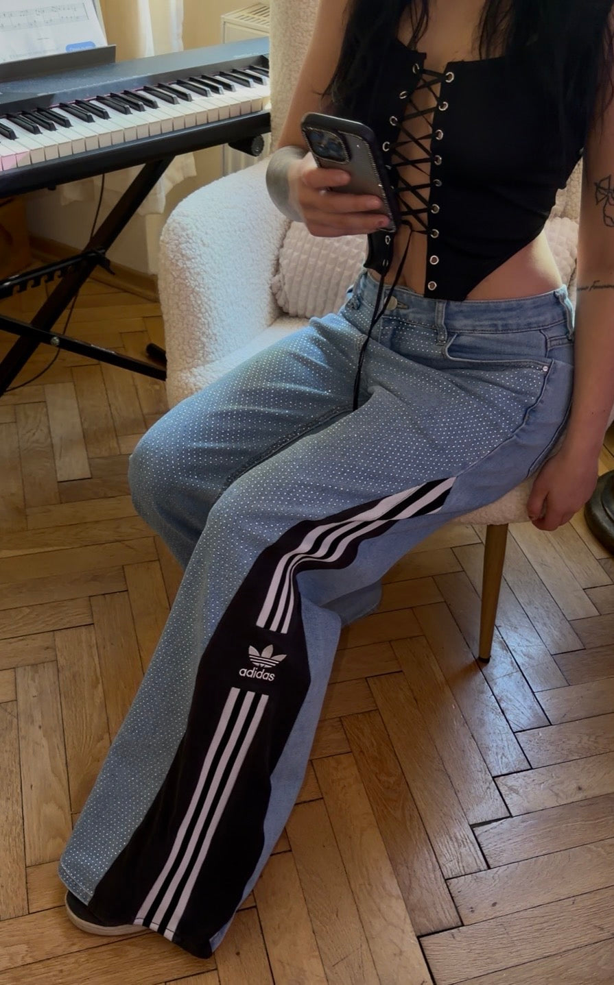 Diamond Denim Baggy Jeans – Three Stripes | Size L 💎